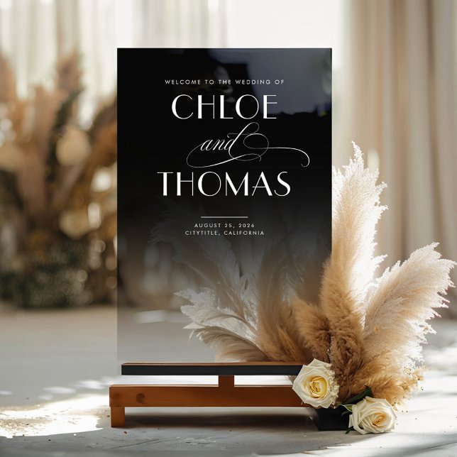 Señal Acrílica Bienvenida del Boda de Moda inferior transparente  (Smokey Black Modern Wedding Welcome Sign)