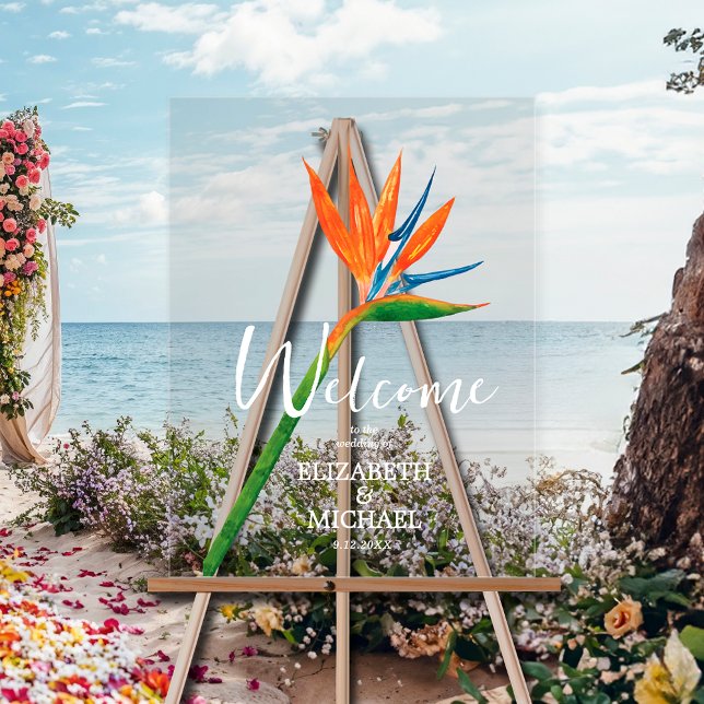 Señal Acrílica Bienvenida del Boda del Paraíso Tropical Floral (Tropical floral bird of paradise wedding welcome clear acrylic sign)