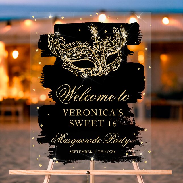 Señal Acrílica Bienvenida Dulce purpurina de oro negro Masquerade (Welcome Masquerade black gold glitter Sweet 16 Acrylic Sign)