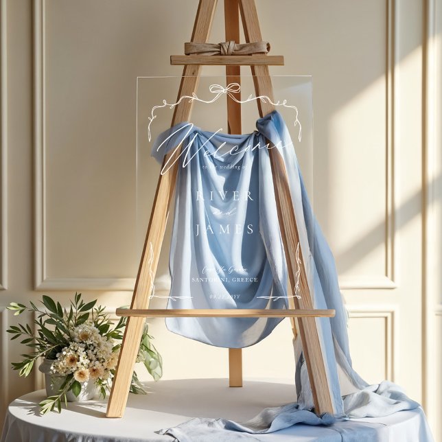 Señal Acrílica Bienvenida elegante Boda de cintas y cintas dibuja (Elegant Hand Drawn Bow & Ribbon Wedding Welcome Acrylic Sign)