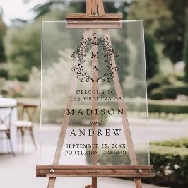 Señal Acrílica Bienvenida elegante Boda de Monograma Negro Escudo