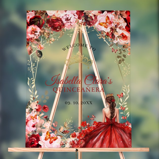 Señal Acrílica Bienvenida elegante Scarlet Floral Gold Quinceañer (Neutral )