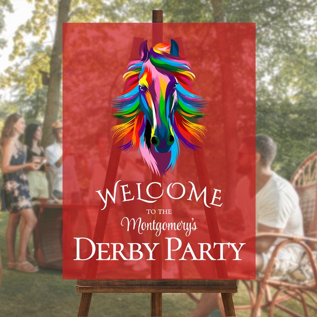 Señal Acrílica Bienvenida Fiesta de Colorous Racehorse Derby (Colorful racehorse on red derby party personalized acrylic welcome sign)