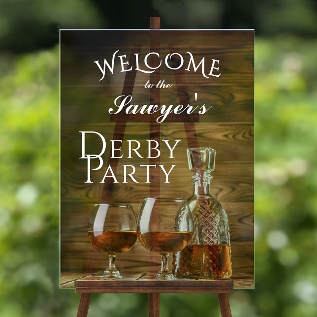 Señal Acrílica Bienvenida Fiesta Rustic Whiskey Derby (Rustic whiskey decanter and glasses derby party acrylic welcome sign)