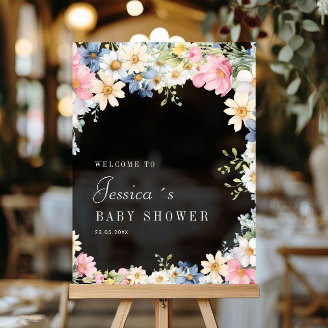 Señal Acrílica ¡Bienvenida! Flor silvestre, Baby Shower (Welcome! Wildflower, Baby Shower Acrylic Sign with your name and date.)