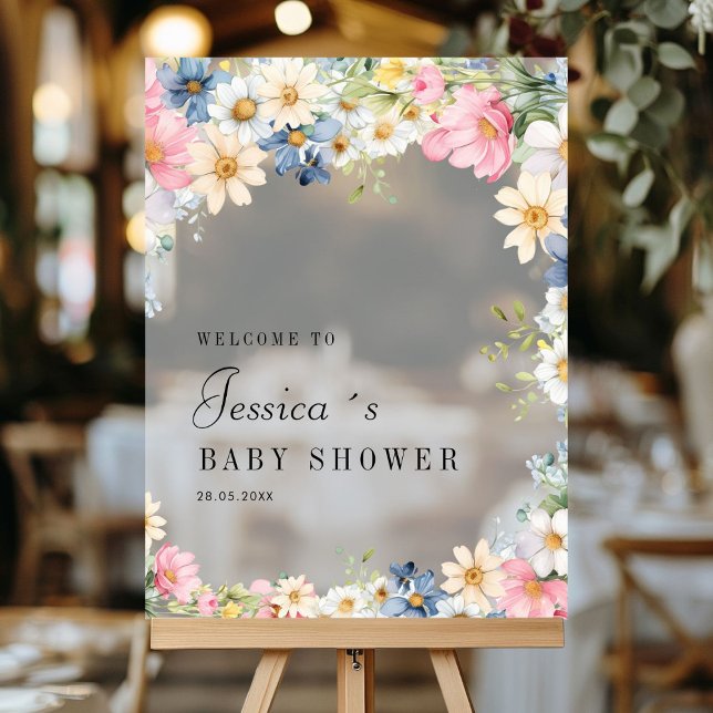 Señal Acrílica ¡Bienvenida! Flor silvestre, Baby Shower (Welcome! Wildflower, Baby Shower Acrylic Sign with your name and date.)