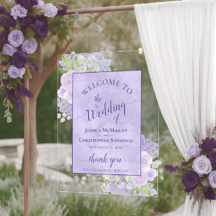 Señal Acrílica Bienvenida Floral Boho Chic Morado Lavanda Boda