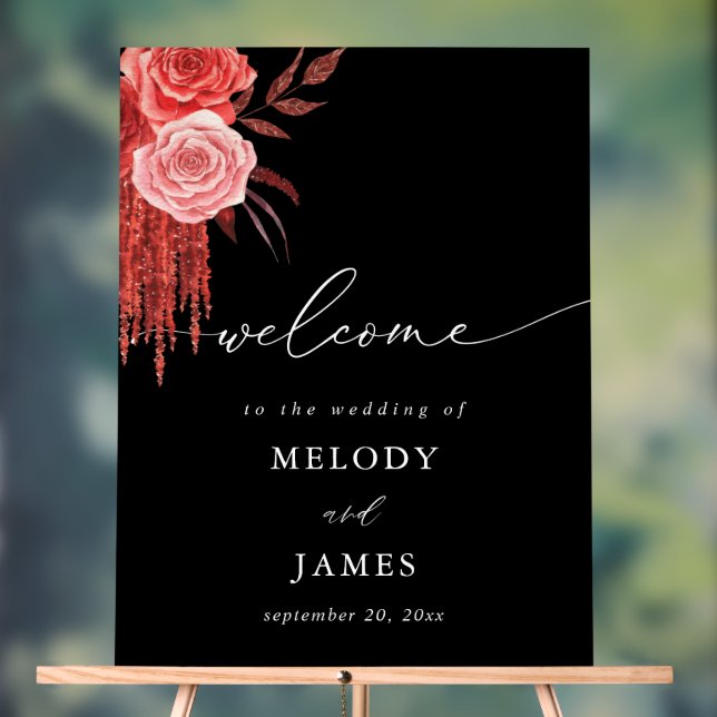 Señal Acrílica Bienvenida Floral Roja - Negro (Neutral )