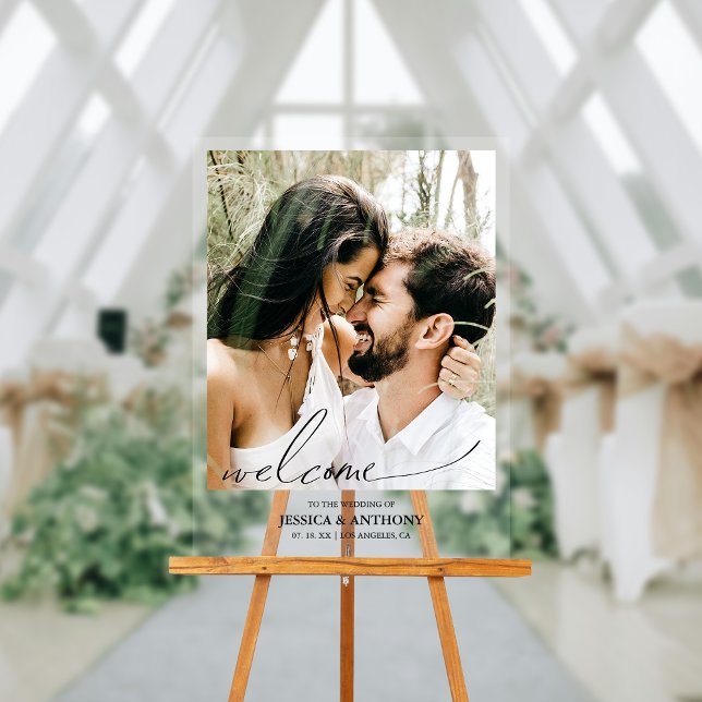 Señal Acrílica Bienvenida Minimalista foto moderna (Make a dazzling entrance and warmly greet guests with our captivating photo acrylic wedding sign!)