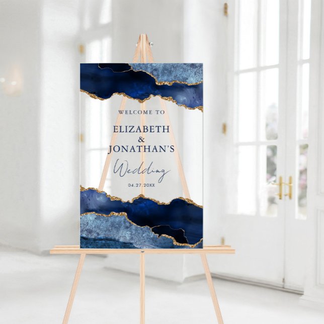 Señal Acrílica Bienvenida moderna boda azul marino y dorado falso (Modern Navy Blue Faux Gold Wedding Welcome Acrylic Sign)