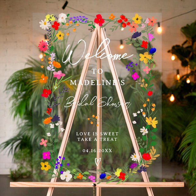 Señal Acrílica Bienvenida moderna boho con flores silvestres bril (Modern boho bright wild flowers bridal welcome acrylic sign)