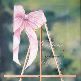 Señal Acrílica Bienvenida moderna con lazo rosa para baby shower