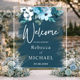 Señal Acrílica Bienvenida moderna de boda floral azul teñido de p