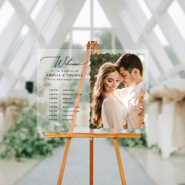Señal Acrílica Bienvenida moderna de fotos y cronología (Welcome your guests with our elegant acrylic sign that greets them and displays your event timeline.)