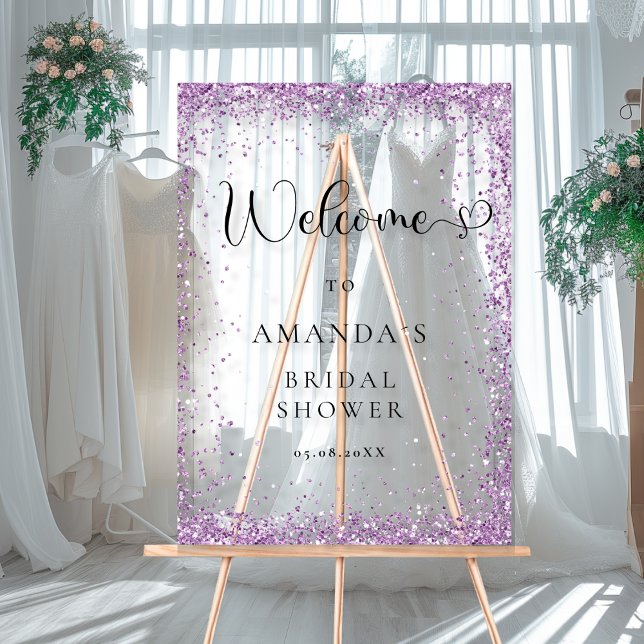 Señal Acrílica Bienvenida moderna, plateada, morada (Modern, Silver, Purple Welcome Acrylic Sign with your Name ans Date.)