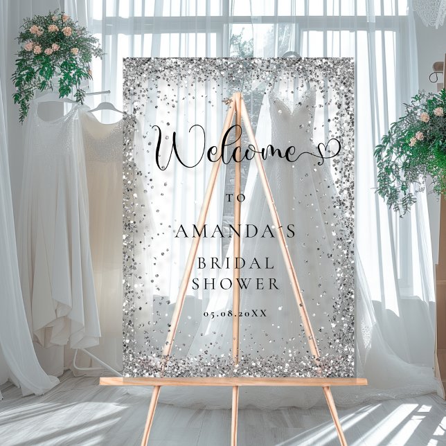 Señal Acrílica Bienvenida moderna, plateada y Purpurina (Modern, Silver, Welcome Acrylic Sign with your Name ans Date.)