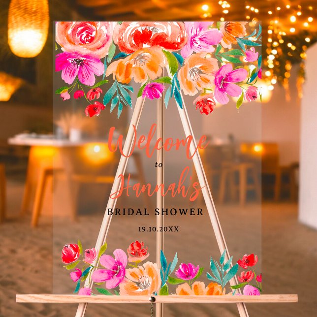 Señal Acrílica Bienvenida nupcial de flores silvestres naranjas b (Boho orange floral wildflowers bridal welcome acrylic sign)