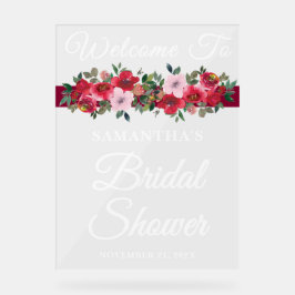Señal Acrílica Bienvenida Otoño Floral Borgoña para Bridal Shower