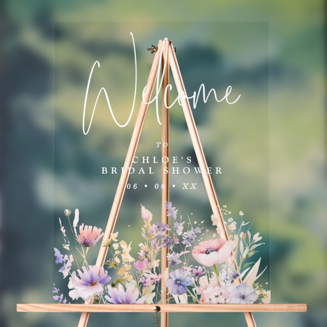 Señal Acrílica Bienvenida para ducha de novia con flores silvestr (Neutral )