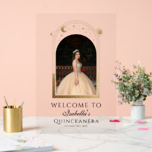 Señal Acrílica Bienvenida Quinceañera Azul Celeste Dorado