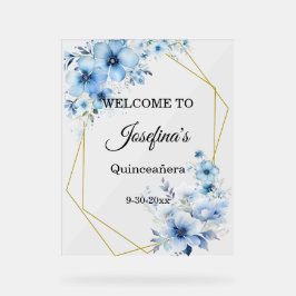 Señal Acrílica Bienvenida Quinceañera floral azul amarillo