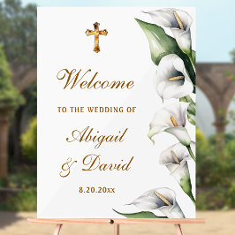 Señal Acrílica Bienvenida religiosa de boda con Lirios de Calla