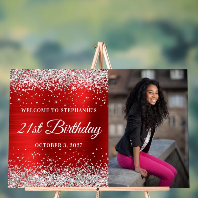 Señal Acrílica Bienvenida roja a Purpurina plateado 21º cumpleaño (Neutral )