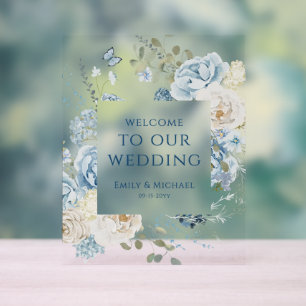 Señal Acrílica Bienvenida romántica de boda floral azul polvorien