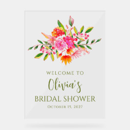 Señal Acrílica Bienvenida Rosa Naranja Floral Moderno para Fiesta