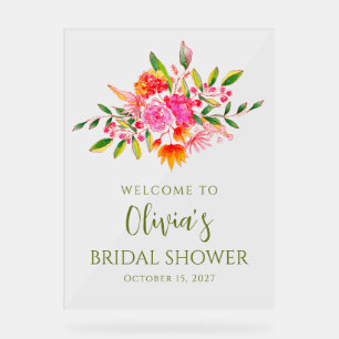 Señal Acrílica Bienvenida Rosa Naranja Floral Moderno para Fiesta