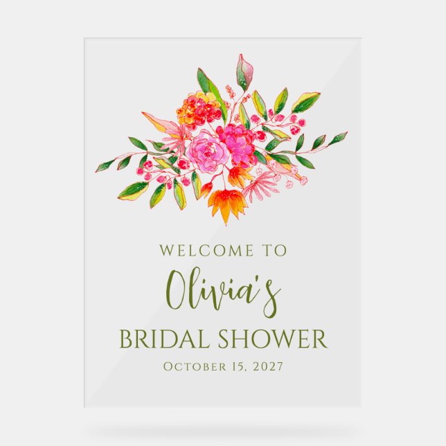 Señal Acrílica Bienvenida Rosa Naranja Floral Moderno para Fiesta (Anverso)