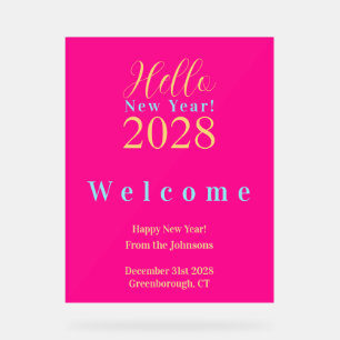 Señal Acrílica Bienvenida rosada caliente a Fiesta de Nochevieja