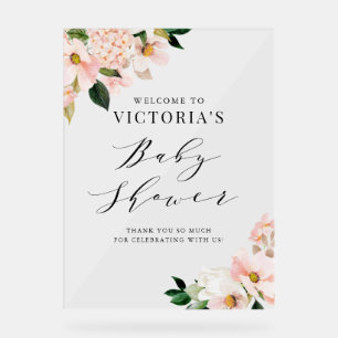 Señal Acrílica Bienvenida Rubor Pink Magnolias Floral Baby Shower