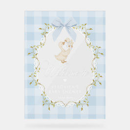 Señal Acrílica Bienvenida Silly Goose Azul Gingham Baby Shower