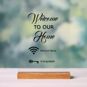 Señal Acrílica Bienvenido a nuestra casa wifi contraseña elegante