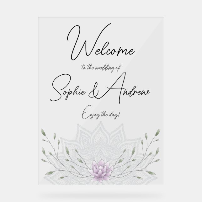 Señal Acrílica Bienvenido al Boda de Lotus Mandala simple y rosa (Anverso)