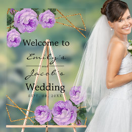Señal Acrílica Bienvenido Boda Gold Purpurina Geo Purple Floral