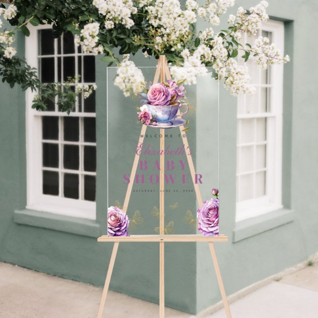 Señal Acrílica Bienvenidos a Baby Shower a la Copa de Té Floral L (Lavender Floral Tea Cup Baby Shower Welcome Acrylic Sign)