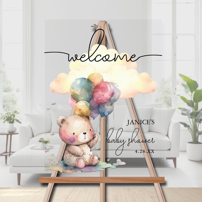 Señal Acrílica Bienvenidos a Baby Shower a Teddy Bear (Teddy Bear Baby Shower Welcome Acrylic Sign)