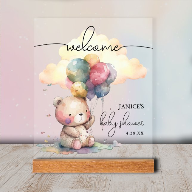 Señal Acrílica Bienvenidos a Baby Shower a Teddy Bear (Teddy Bear Baby Shower Welcome Tabletop Acrylic Sign)