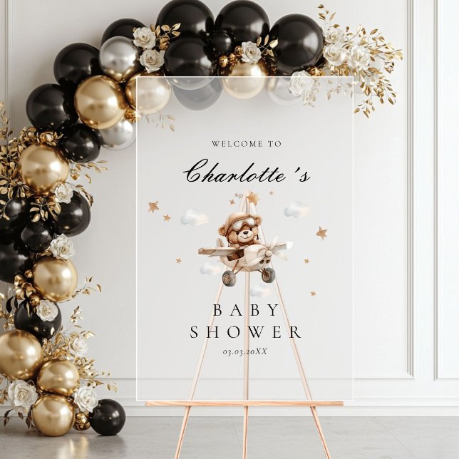Señal Acrílica Bienvenidos a Baby Shower a Teddy Bear & Airplane (Teddy Bear & Airplane Welcome Baby Shower Acrylic Sign)