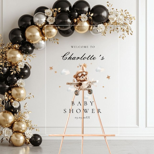 Señal Acrílica Bienvenidos a Baby Shower a Teddy Bear & Airplane (Teddy Bear & Airplane Welcome Baby Shower Acrylic Sign)