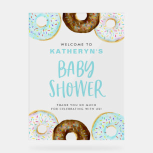 Señal Acrílica Bienvenidos a Baby Shower con donuts azules y de c