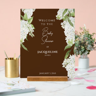 Señal Acrílica Bienvenidos a Baby Shower con Floral Blanca y choc