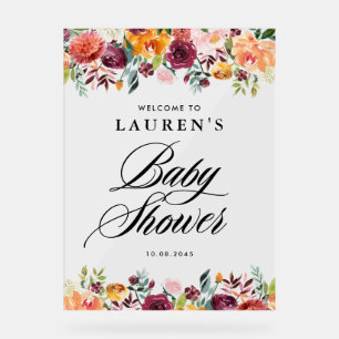 Señal Acrílica Bienvenidos a Baby Shower con flores en otoño