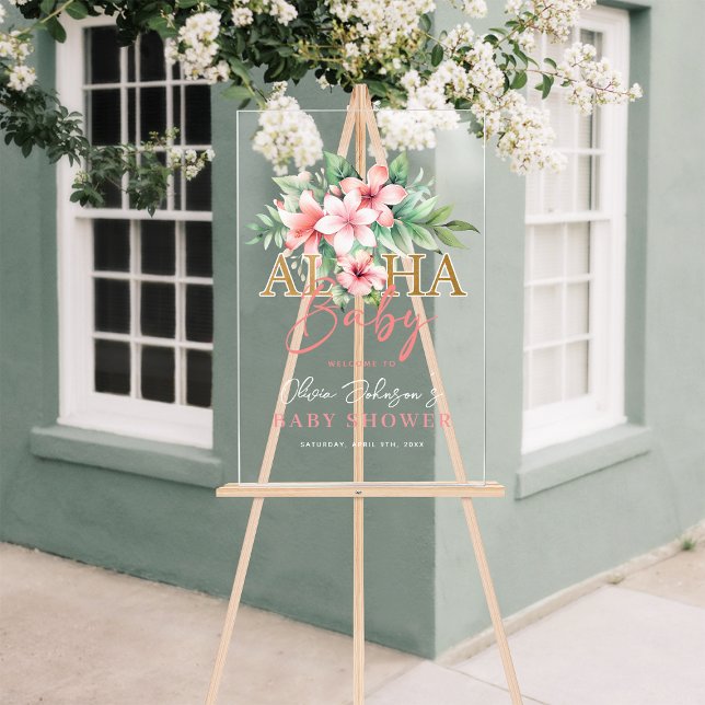 Señal Acrílica Bienvenidos a Baby Shower de Aloha Floral Rosa Tro (Tropical Pink Floral Aloha Baby Shower Welcome Acrylic Sign)