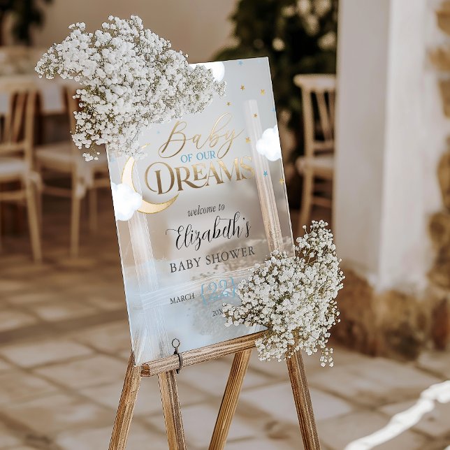 Señal Acrílica Bienvenidos a Baby Shower de Blue Gold Baby of our (Blue Gold Baby of our Dreams Baby Shower Welcome Acrylic Sign)