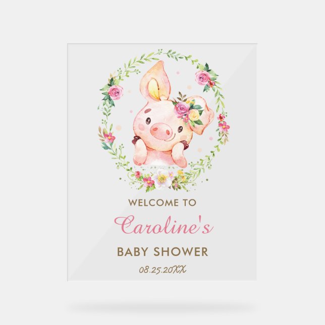 Señal Acrílica Bienvenidos a Baby Shower de Cuggy Piggy Pink Flor (Anverso)