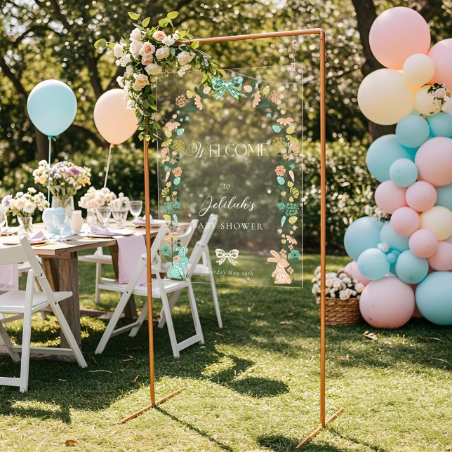 Señal Acrílica Bienvenidos a Baby Shower de Spring Wildflower Eas (Spring Wildflower Easter Bunny Baby Shower Welcome Acrylic Sign)