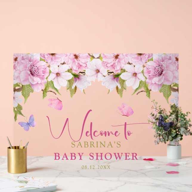 Señal Acrílica Bienvenidos a Baby Shower de Watercolor Cherry Blo (Boda)